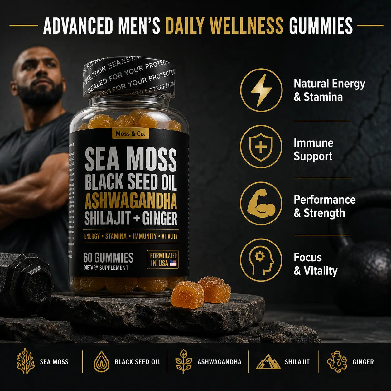 Moss & Co. Sea Moss, Black Seed Oil, Ashwagandha, Shilajit + Ginger Gummies - Men